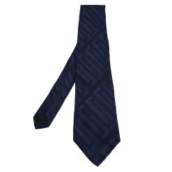Versace Navy Blue Logo Pattern Jacquard Silk Tie For Men