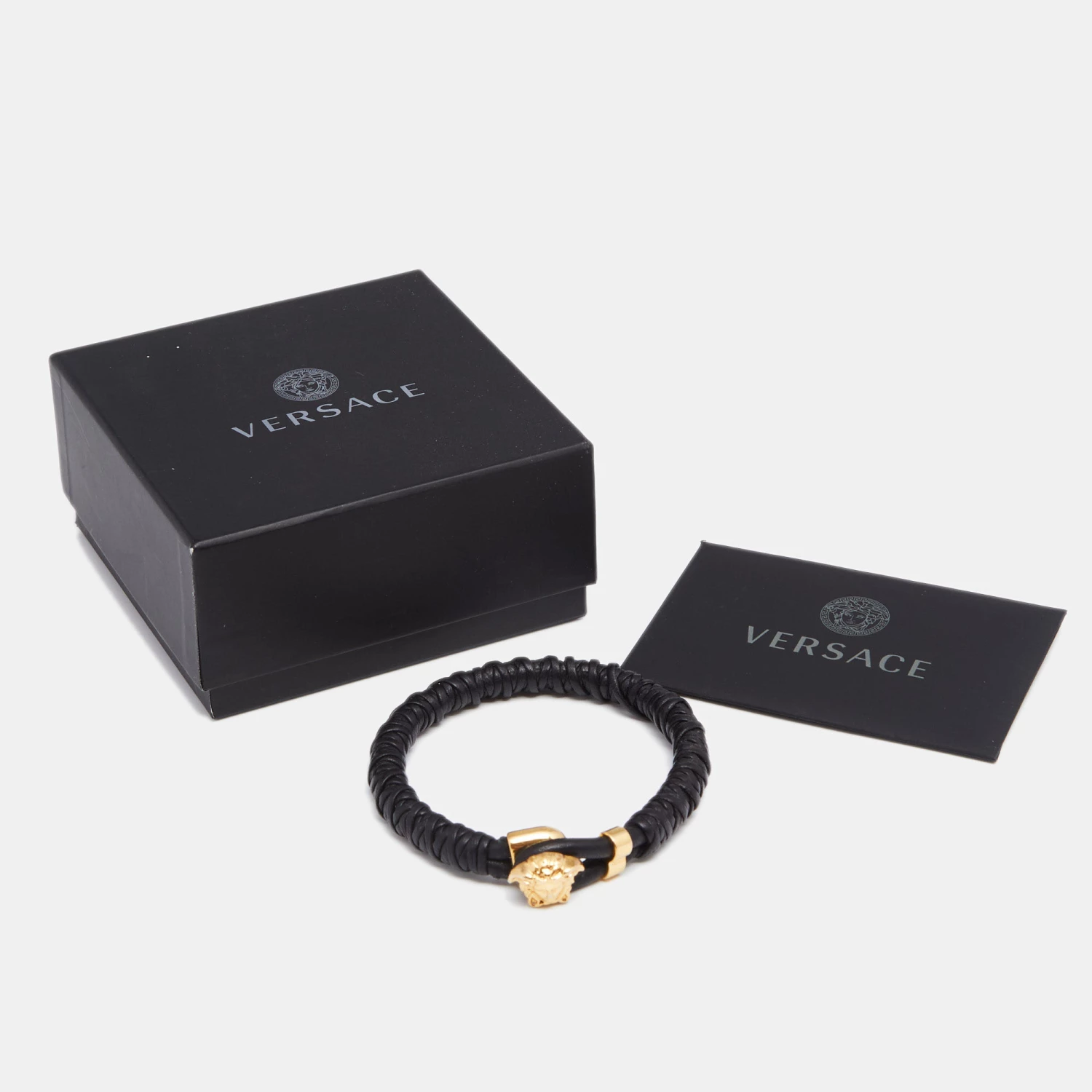 Versace Black Braided Leather Medusa Gold Tone Bracelet For Men - Image 5