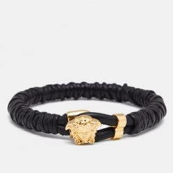 Versace Black Braided Leather Medusa Gold Tone Bracelet For Men