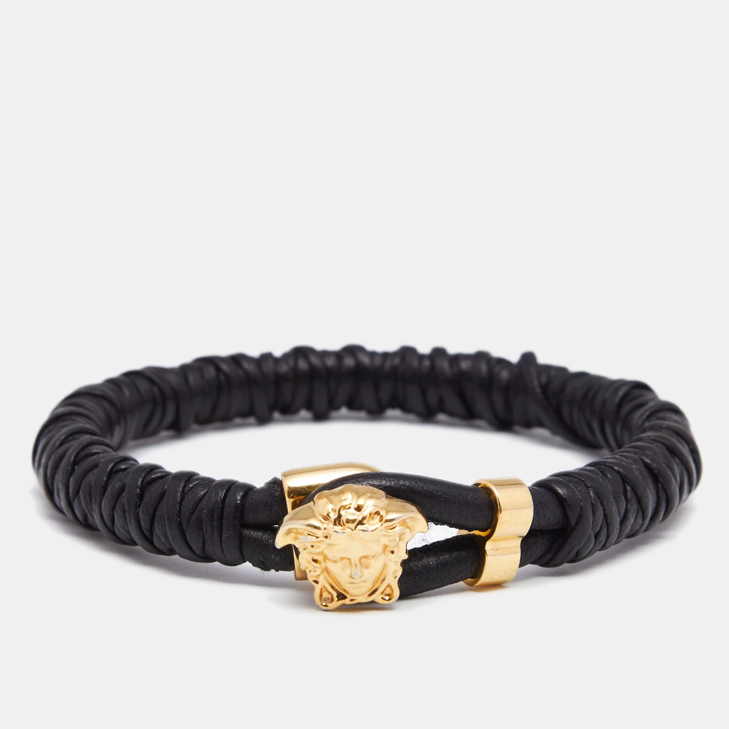 Versace Black Braided Leather Medusa Gold Tone Bracelet For Men