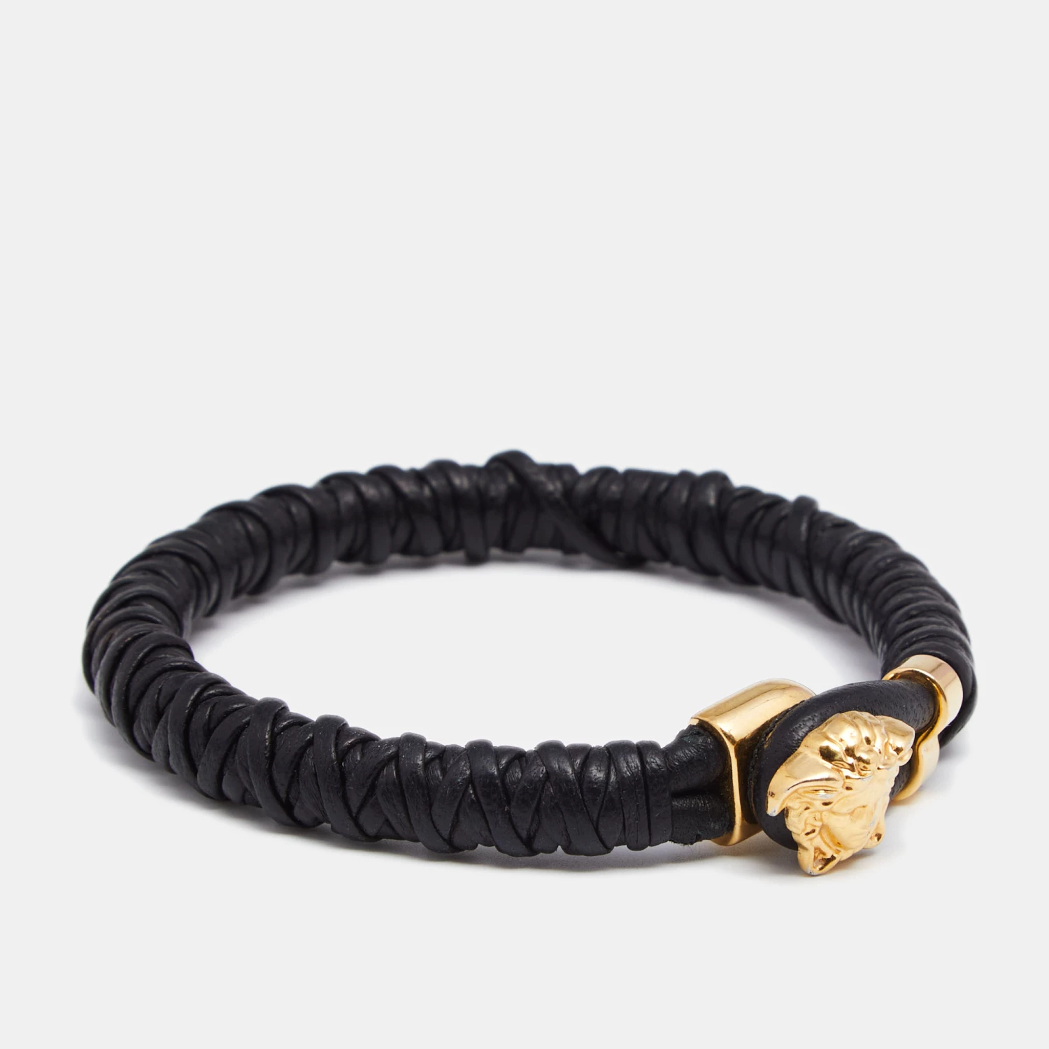 Versace Black Braided Leather Medusa Gold Tone Bracelet For Men - Image 2