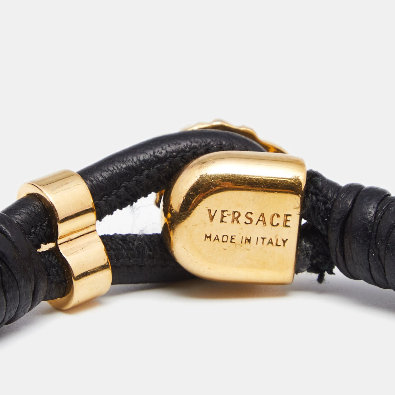 Versace Black Braided Leather Medusa Gold Tone Bracelet For Men - Image 4