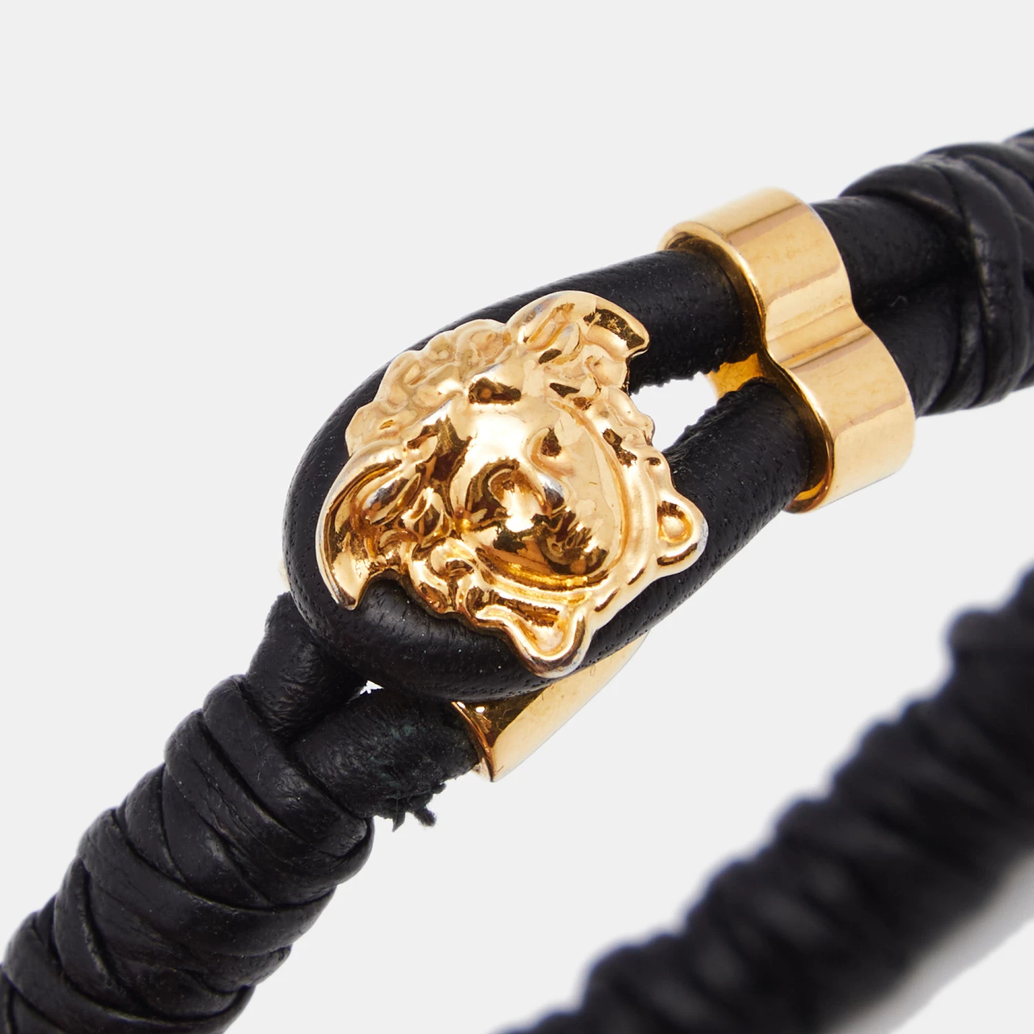 Versace Black Braided Leather Medusa Gold Tone Bracelet For Men - Image 3