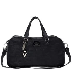 Versace Black Leather Trapuntato Duffle Travel Bag For Men