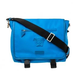 Versace Azure Blue Nylon La Medusa Messenger Bag For Men