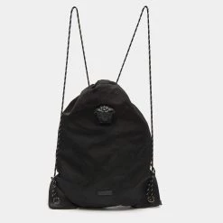 Versace Black Nylon And Leather La Medusa Drawstring Backpack For Men