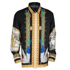 Versace Black Native American Printed Silk Long Sleeve Shirt XXL For Men