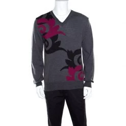 Versace Collection Grey Wool Patterned V-Neck Sweater L For Men