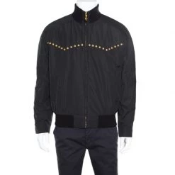 Versace Black Studded Zip Front Bomber Jacket L For Men