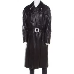 Gianni Versace Couture Black Leather Double Breasted Belted Overcoat XL For Men