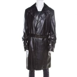 Versace Signature Black Leather Belted Overcoat XXL For Men