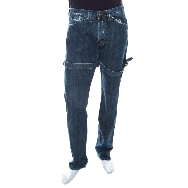 Versace Indigo Washed Denim Distressed Effect Tapered Jeans XL For Men