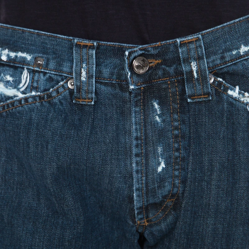 Versace Indigo Washed Denim Distressed Effect Tapered Jeans XL For Men - Image 4