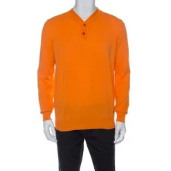 Versace Orange Cotton Knit V Neck Buttoned Collar Sweater XXL For Men
