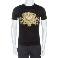 Versace Black Baroque Print Cotton Embellished Short Sleeve T-Shirt S For Men
