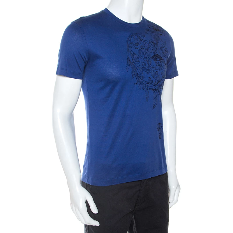 Versace Blue Medusa Motif Embroidered Cotton Short Sleeve T-Shirt S For Men - Image 2