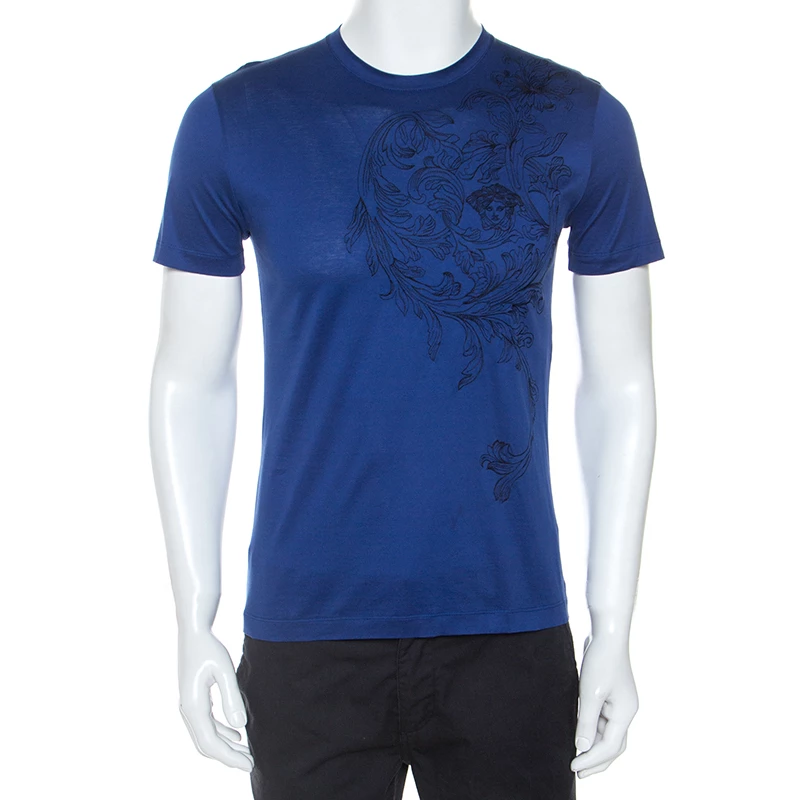 Versace Blue Medusa Motif Embroidered Cotton Short Sleeve T-Shirt S For Men