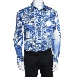 Versace Collection Blue Printed Cotton Button Front Trend Shirt L For Men