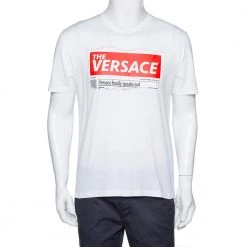 Versace White Cotton Logo Graphic Print Crew Neck Fitted T Shirt L For Men