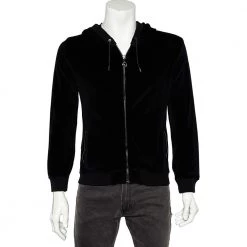 Versace Black Velvet Medusa Patch Detail Hooded Jacket L For Men