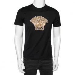 Versace Black Cotton Knit Embellished Medusa Head Detail T-Shirt S For Men