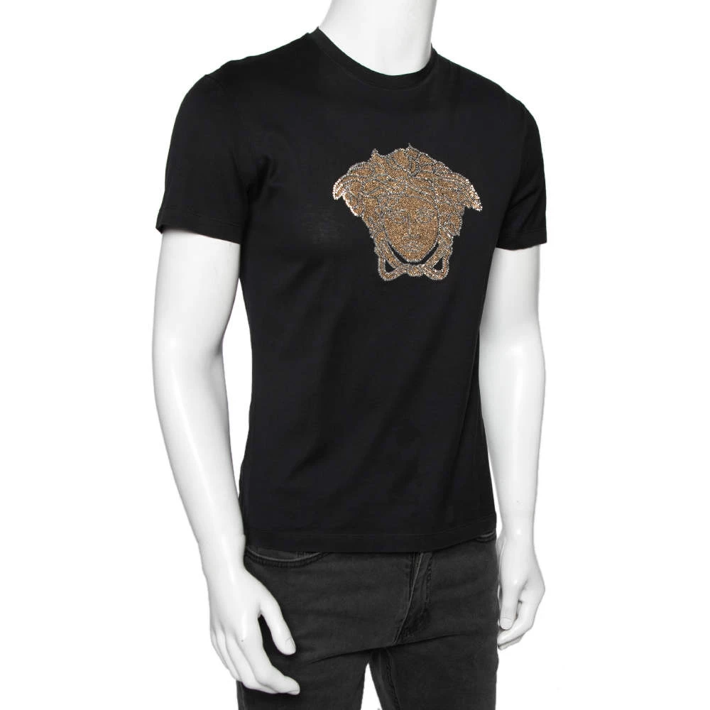 Versace Black Cotton Knit Embellished Medusa Head Detail T-Shirt S For Men - Image 2