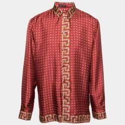 Versace Red Printed Silk Button Down Long Sleeve Shirt XL For Men