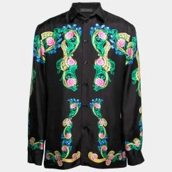 Versace Black Printed Silk Button Front Long Sleeve Shirt XL For Men