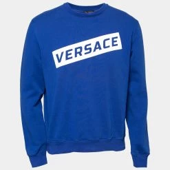 Versace Blue Logo Printed Cotton Crew Neck Sweatshirt M For Men