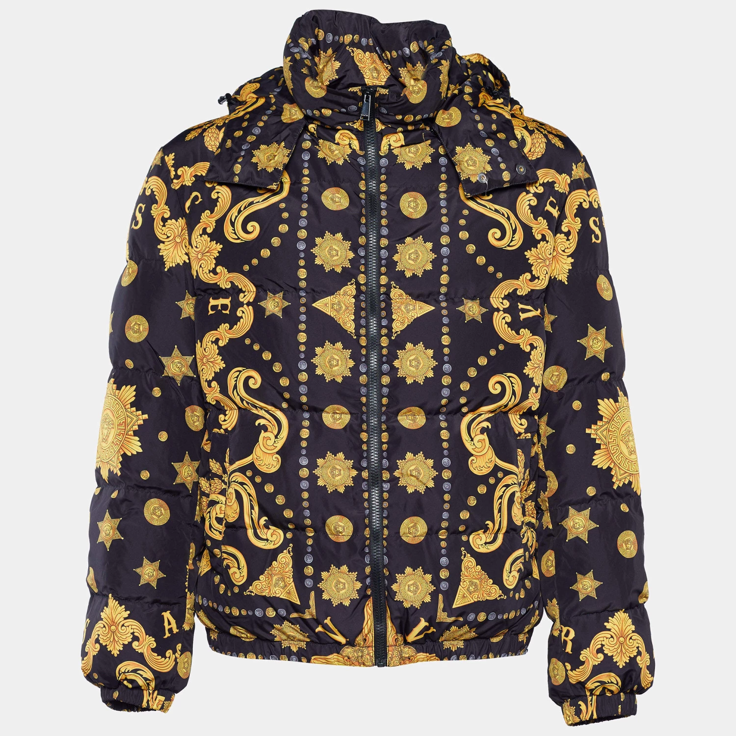 Versace Black & Gold Baroque Print Puffer Down Jacket XL For Men