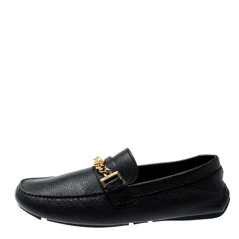 Versace Black Grained Leather Medusa Icon Chain Detail Loafers Size 42 For Men - Image 2