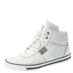 Versace White Woven Leather Lace High Top Sneakers Size 42 For Men