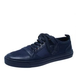 Versace Blue Canvas And Leather Medusa Head Low Top Sneakers Size 43.5 For Men