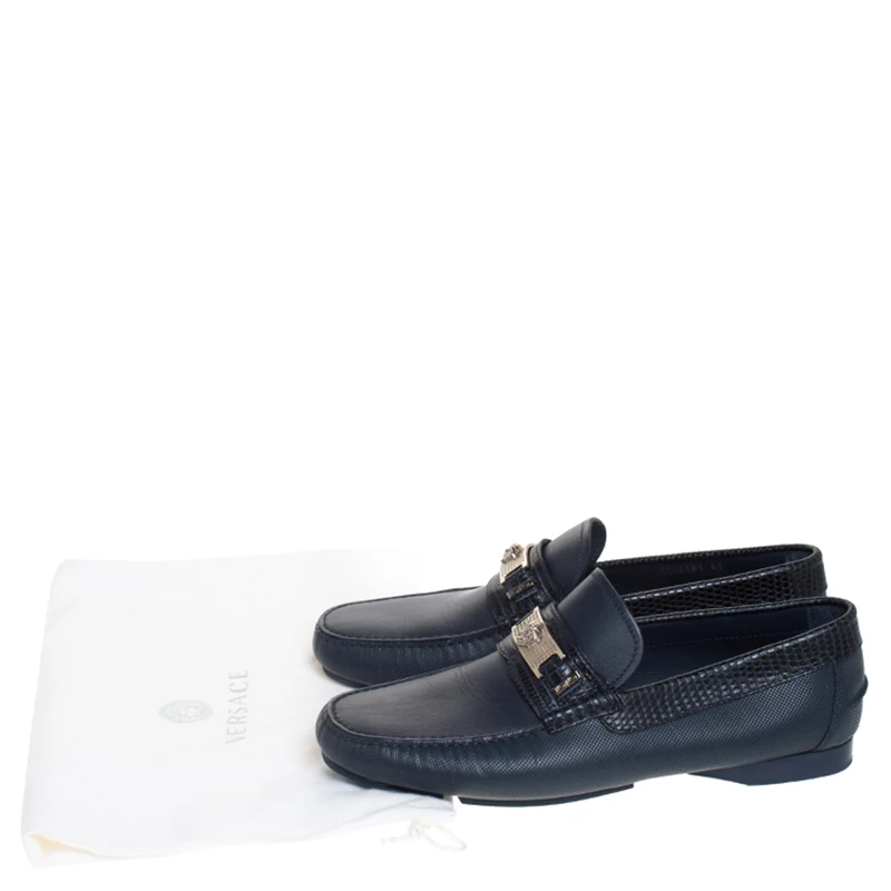 Versace Blue Leather Medusa Detail Slip On Loafers Size 41 For Men - Image 8