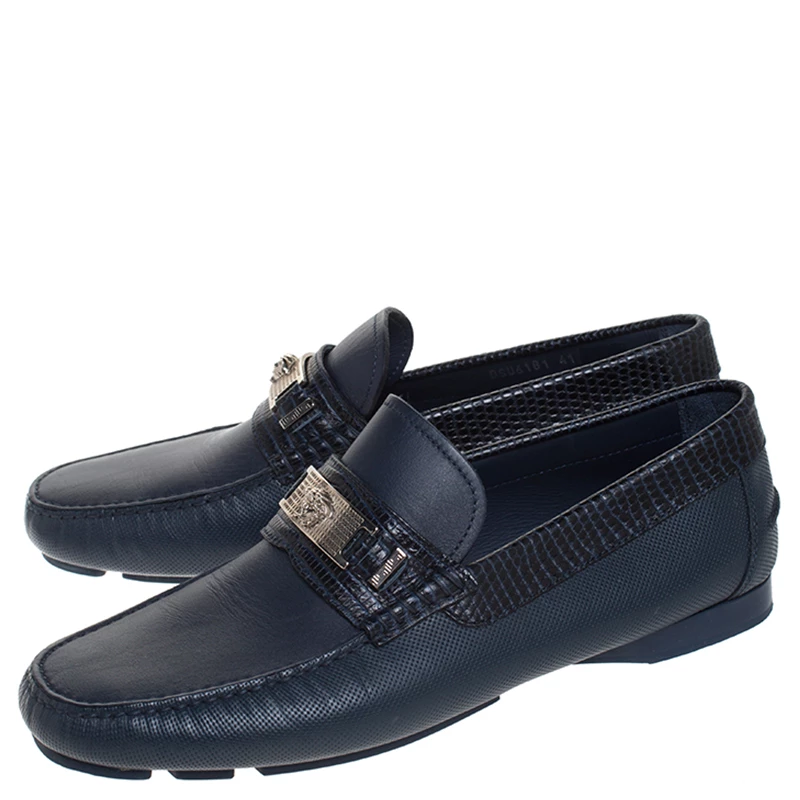 Versace Blue Leather Medusa Detail Slip On Loafers Size 41 For Men - Image 4