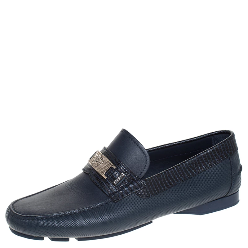 Versace Blue Leather Medusa Detail Slip On Loafers Size 41 For Men