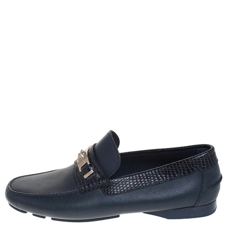 Versace Blue Leather Medusa Detail Slip On Loafers Size 41 For Men - Image 2