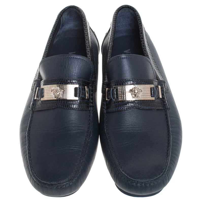 Versace Blue Leather Medusa Detail Slip On Loafers Size 41 For Men - Image 3
