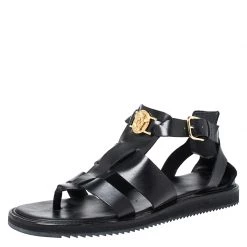 Versace Black Leather Medusa Gladiator Flat Sandals Size 43 For Men