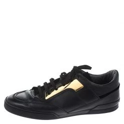 Versace Black Leather Gold Plate Low Top Sneakers Size 42 For Men