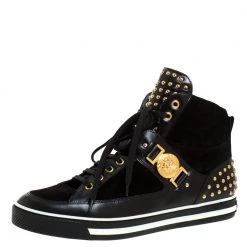 Versace Black Leather And Suede Studded Medusa High Top Sneakers Size 43 For Men
