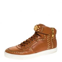 Versace Brown Leather Studded Medusa High Top Sneakers Size 43 For Men