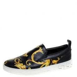 Versace Black/Gold Barocco Printed Leather Slip On Sneakers Size 43 For Men