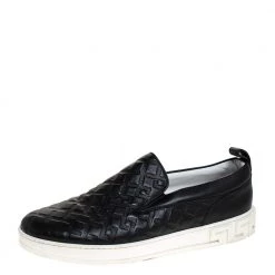 Versace Black Greek Key Embossed Leather Slip On Sneakers Size 44 For Men