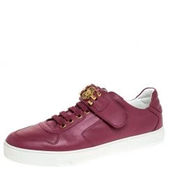 Versace Dark Pink Leather Medusa Strap Lace Up Low Top Sneakers Size 43 For Men