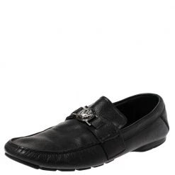 Versace Black Leather Medusa Detail Slip On Loafers Size 43 For Men