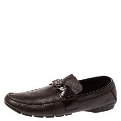 Versace Dark Brown Leather And Patent Trim Medusa Detail Slip On Loafers Size 43 For Men