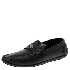 Versace Black Leather Medusa Detail Slip On Loafers Size 42 For Men