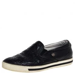 Versace Black Baroque Embroidered Leather Slip On Sneakers Size 41 For Men