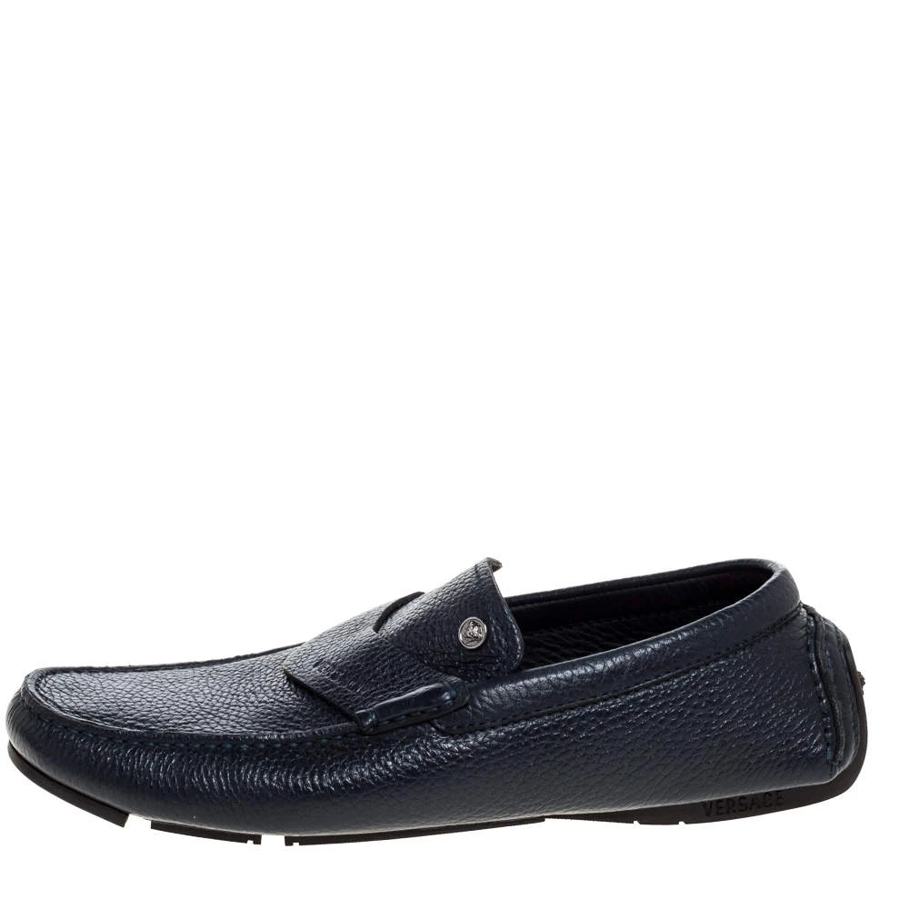Versace Navy Blue Leather Slip On Loafers Size 40 For Men - Image 2
